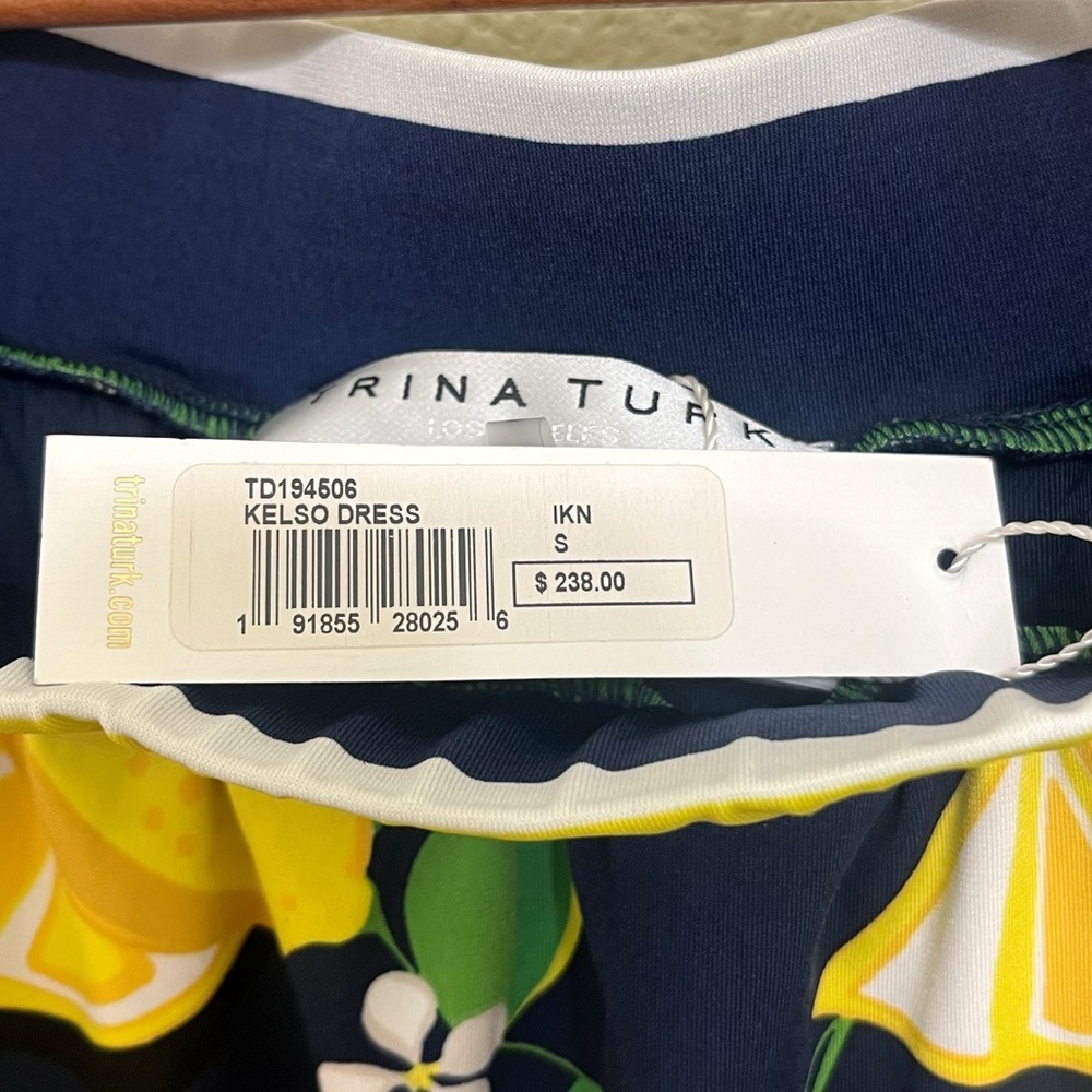 Trina Turk Kelso Lemon Print Off the Shoulder Dress Navy Yellow Small NWT - Picture 3 of 9